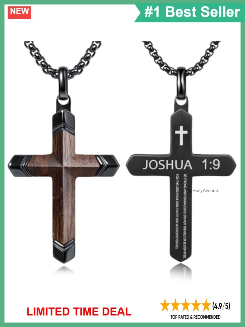 Men's Ebony Wood Cross Necklace Stainless Steel Box Chain Bible Verse